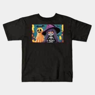 Cartoon Skeleton Doll, Ghost, and Pumpkin Kids T-Shirt